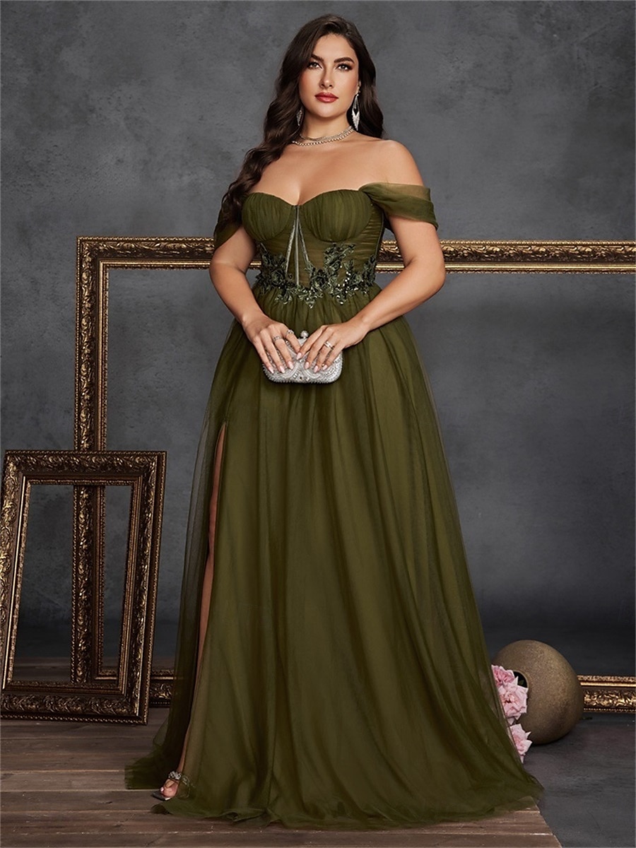 Vestidos A-Line Plus Size Vestido Curvo Elegante Formal Casamento Comprimento do Chão Sem Mangas Ombro Descido Chiffon Costas à Mostra com Fenda 2025 de 2025 por $129.99 –P3