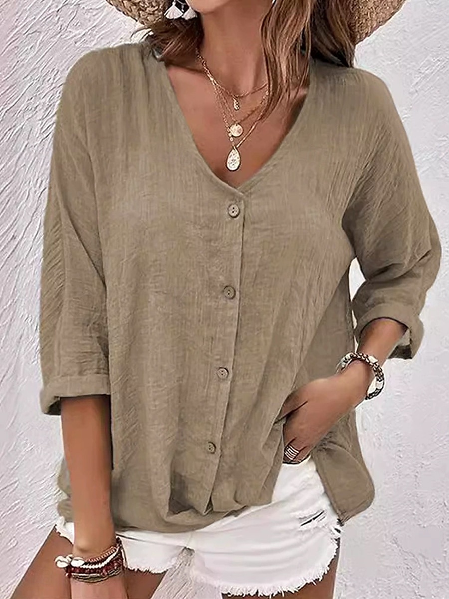 Women's Shirt Blouse Solid Color Plain Bohemia Daily Stylish 3/4 Length Sleeve V Neck Regular Tops Daily Holiday Going out Buttons Sage Green Blue Khaki Rose Pink Summer Spring Fall 2025 - $19.99 –P3