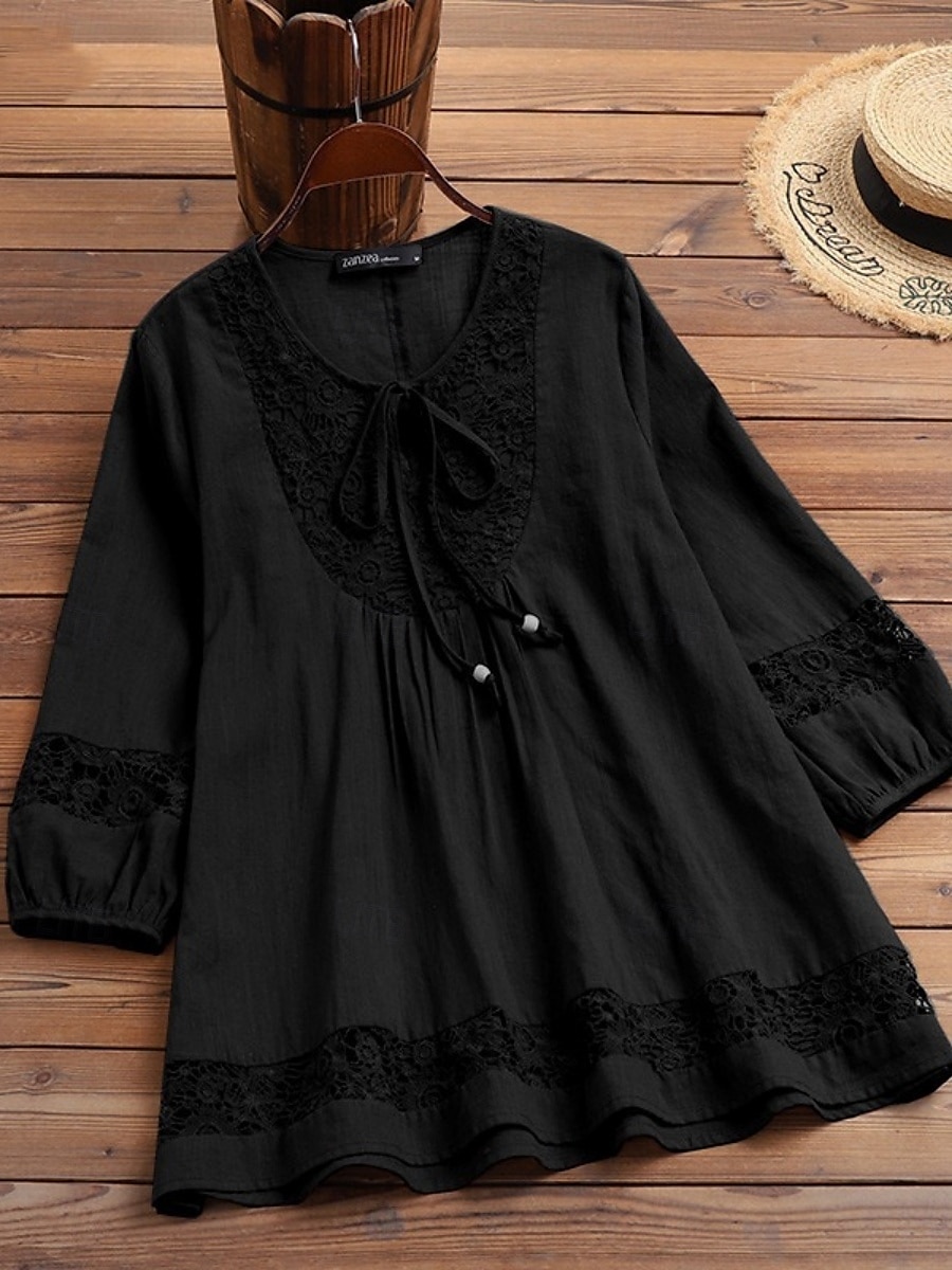 Femmes Chemises en coton et lin Couleur Unie Élégant Occasionnel Manche 3/4 Col en V Hauts Réguliers Quotidien Dentelle Patchwork Noir Blanche Vin bleu marine Été Printemps de 2025 ? $19.99 –P13