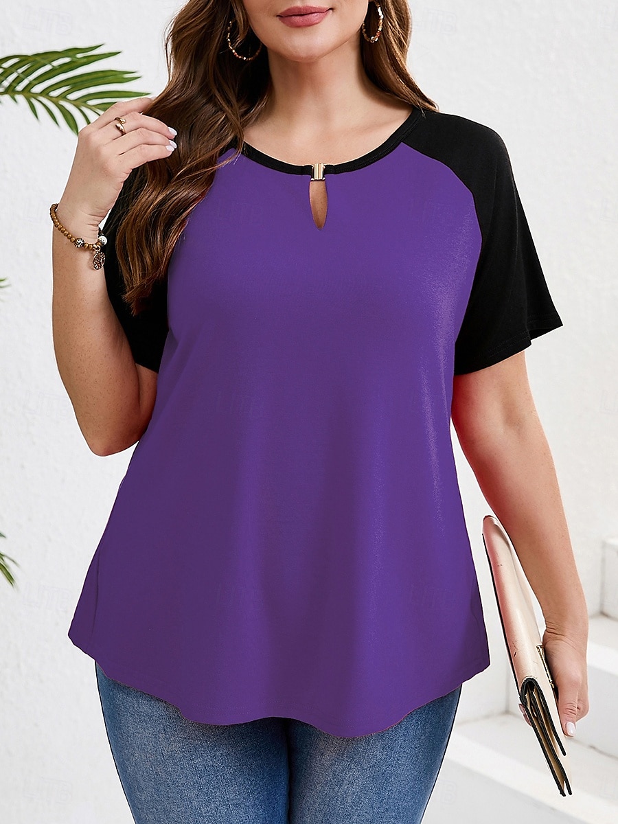 Women's Plus Size Tops T Shirt Solid Color Patchwork Short Sleeve V Neck Casual Daily Polyester Summer Spring Red Blue 2025 - $18.99 –P6