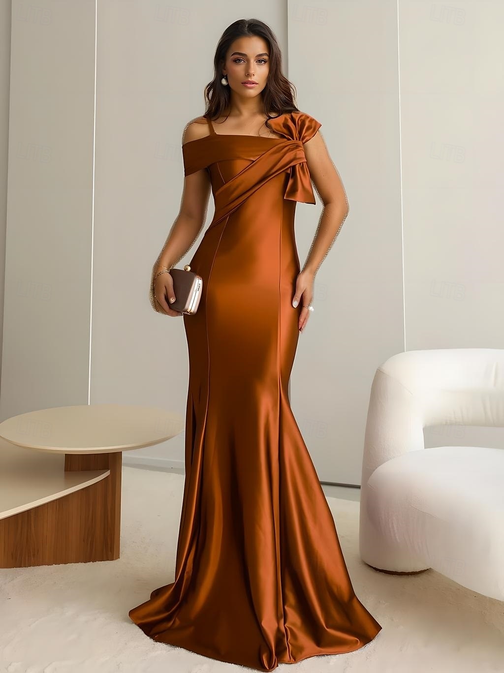 Měsíční  trumpet večerní šaty elegantní šaty formální svatba hosté podlahová délka bez rukávů jedno rameno pružný satén s mašlí 2025 - $139.99 –P1