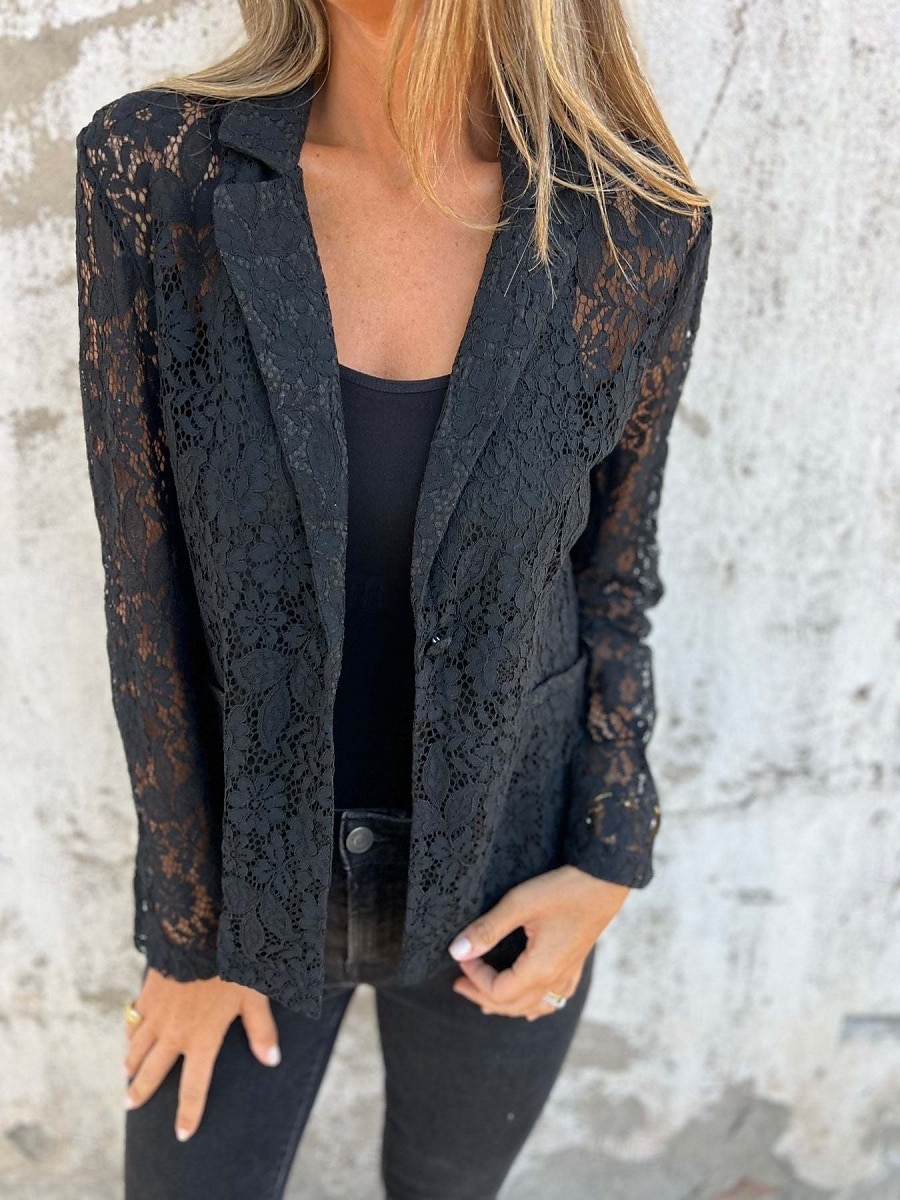 Mujer chaqueta Transpirable Cómodo Encaje Retazos Casual Plano Oficina Calle Casual Ropa Cotidiana Frente Abierto Regular Cuello Vuelto Ajuste regular Manga Larga Ropa de calle Negro Blanco Verano 2025 - $32.99 –P4