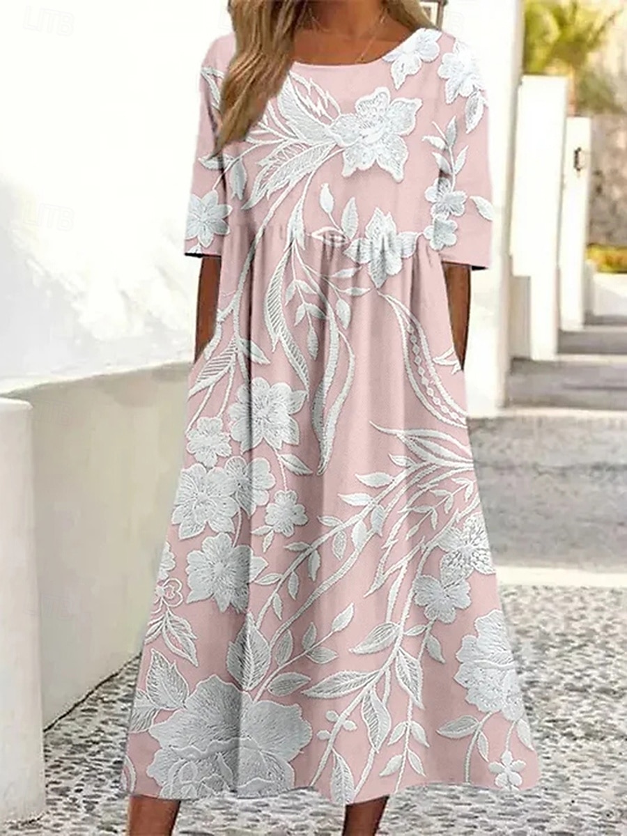 Damen Midikleid Sommerkleid A Linie Kleid Urlaub Lässig Täglich Date Ausgehen Normale Passform Blumen Grafik Kurzarm Rundhalsausschnitt Rosa Blau Grün Beige Sommer Frühling 2025 - $46.99 –P1