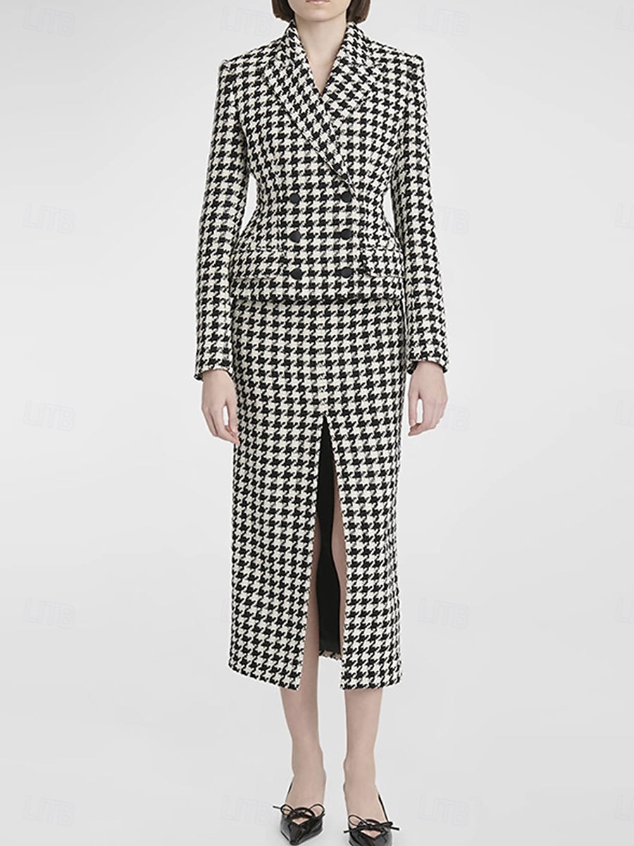 Houndstooth Klänning Set Mor till Bruden Klänning Elegant Enkel Krage Knälängd Dubbelknäppt Kavaj Lång ärm 2025 - $139.99 –P1