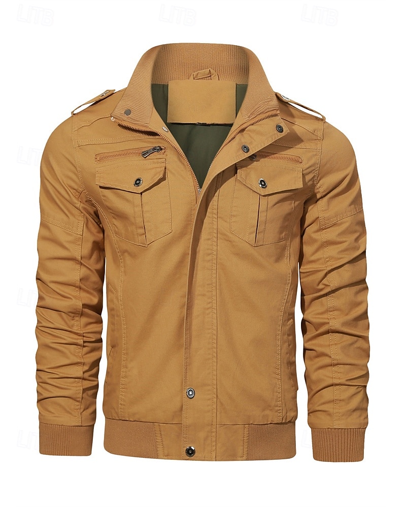 Men's Trucker Jacket Cargo Jacket Casual Jacket Vacation Daily Pocket Spring Fall Plain Fashion Classic Stand Collar Regular Black Khaki Army Green Jacket 2025 - $53.99 –P3