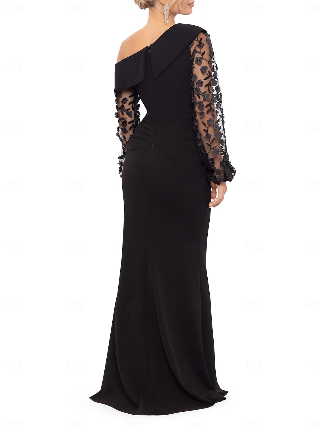 Sirène / Trompette Robe de Soirée Élégant Robe Formel Mariage Longueur au sol manche longue Une Épaule Détachable Crêpe Extensible avec Perlage 2025 de 2025 ? $147.99 –P3