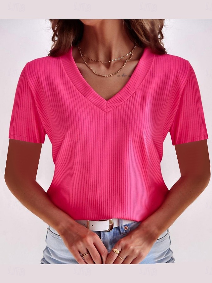 Femmes T-shirt Couleur Unie Mode Élégant Classique Manche Courte Col en V Hauts Réguliers Quotidien Week-end Noir Vin Rouge Bleu Fuchsia Été de 2025 ? $18.99 –P2