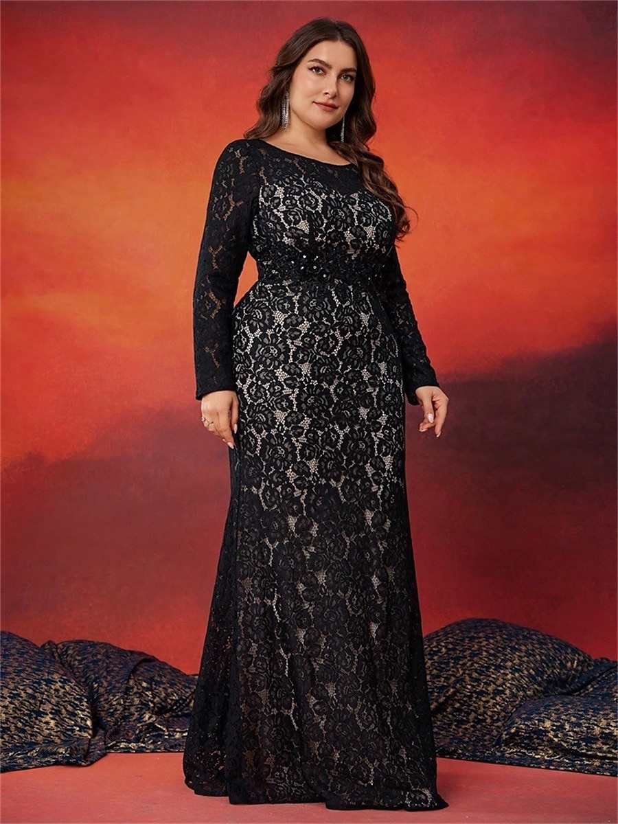Meerjungfrau  Trompete Plus Size Kleider Elegantes Kurven Kleid Formelle Hochzeit Bodenlänge Langarm Rundhalsausschnitt Spitze mit Schlitz 2025 - $109.99 –P5