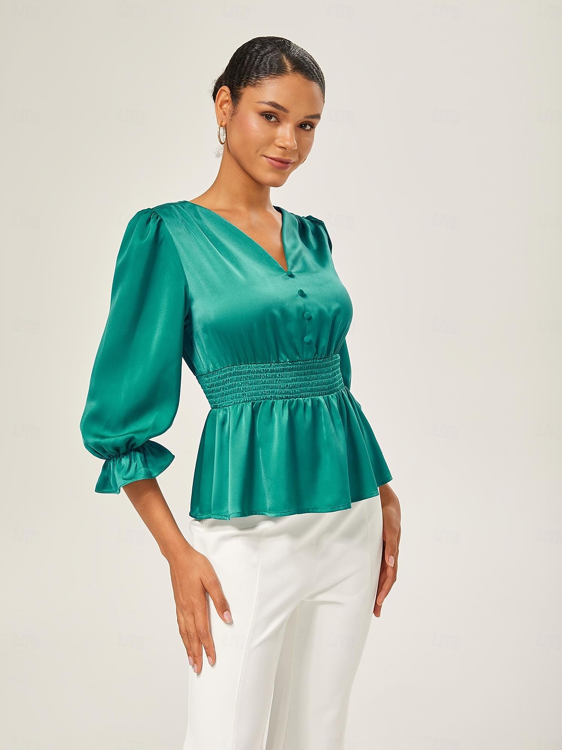 élégant chemisier cintré en satin vert lac de 2025 ? $51.99 –P3