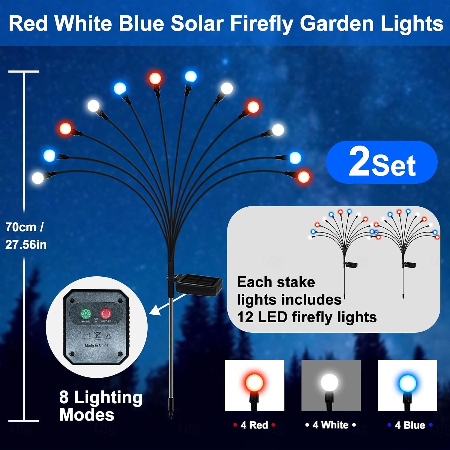 2 шт. патриотичных 12 головок солнечных светильников с огнями светлячков водонепроницаемых для Дня независимости 4 июля 250-й юбилей День памяти сад газон дорожка вечеринки патриотическая атмосфера 2026 - $26.99 –P3