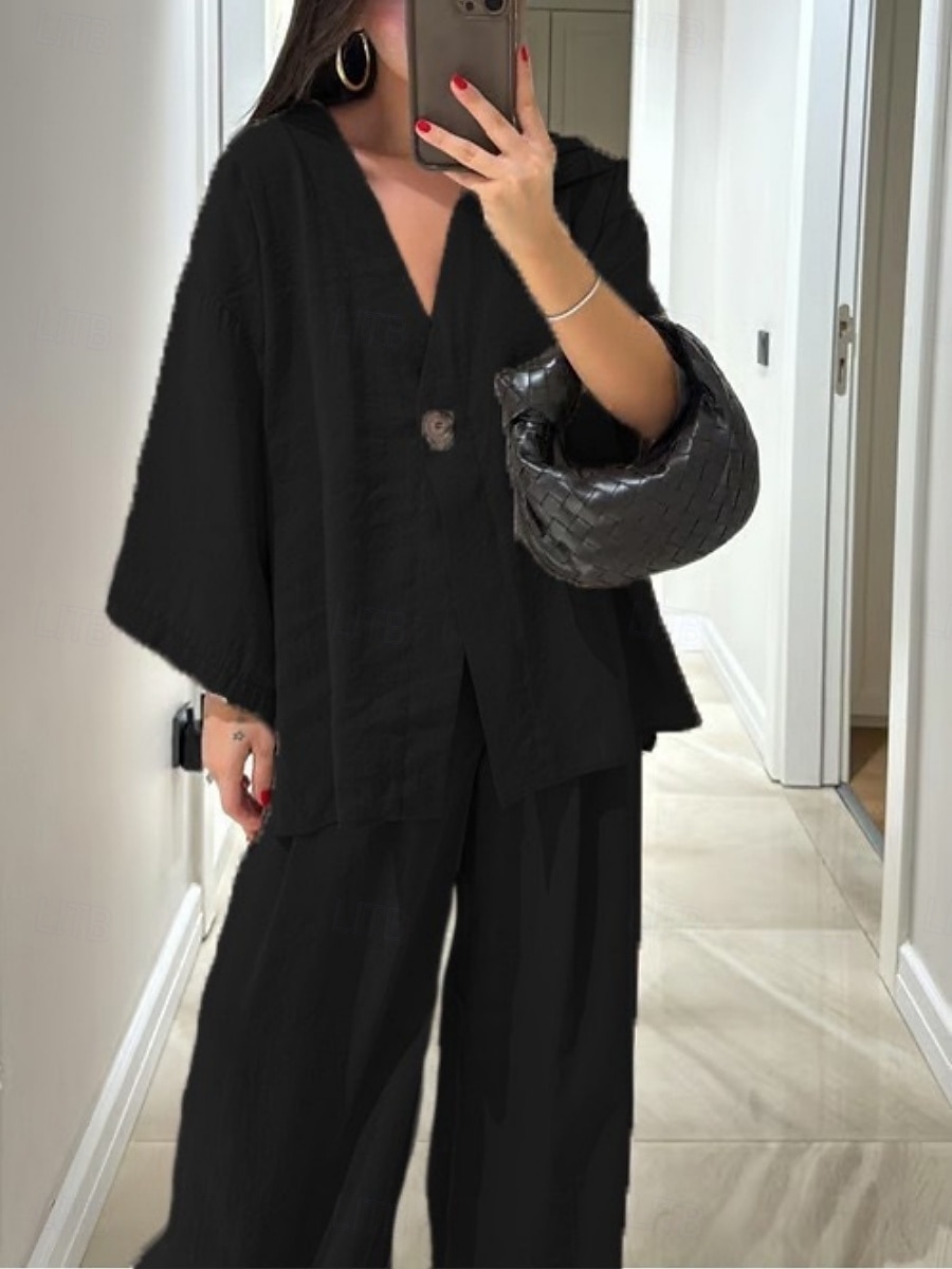 Femmes Quotidien Basique Ensembles de Pantalons manche longue Col en V Uni Occasionnel Quotidien Noir bleu marine Fuchsia Été énorme de 2025 ? $32.99 –P2