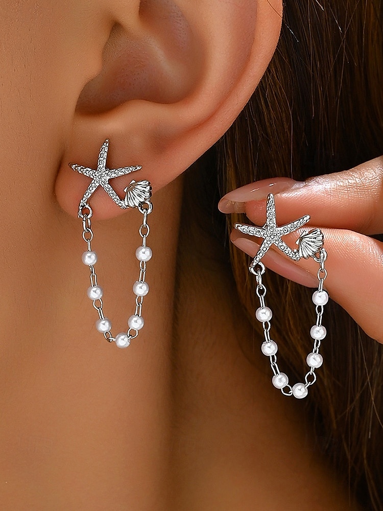 Women's Starfish Pearl Chain Drop Earrings – Beach-Inspired Summer Jewelry, Elegant Nautical Style for Parties, Vacations & Daily Wear 2025 - $9.99 –P1
