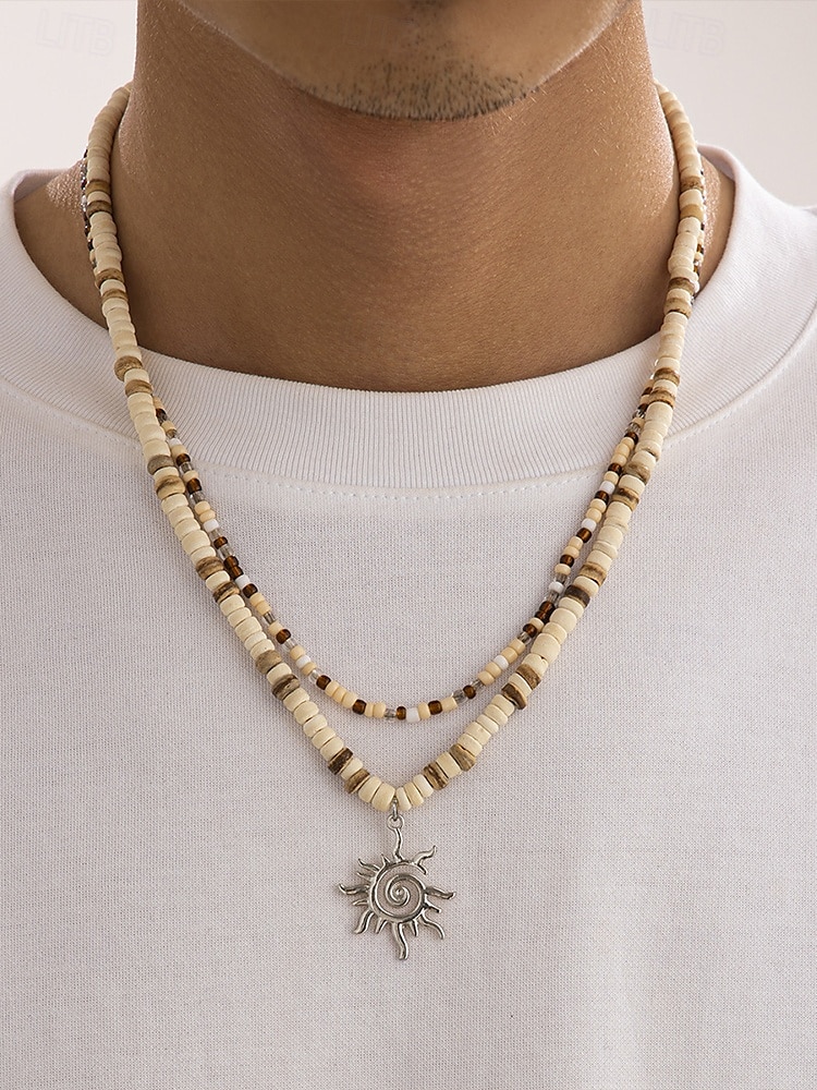 Men's Tribal Beaded Sun Pendant Necklace – Retro Bohemian Layered Jewelry with Adjustable Length for Beach, Festival and Casual Summer Outfits 2025 - $11.99 –P3