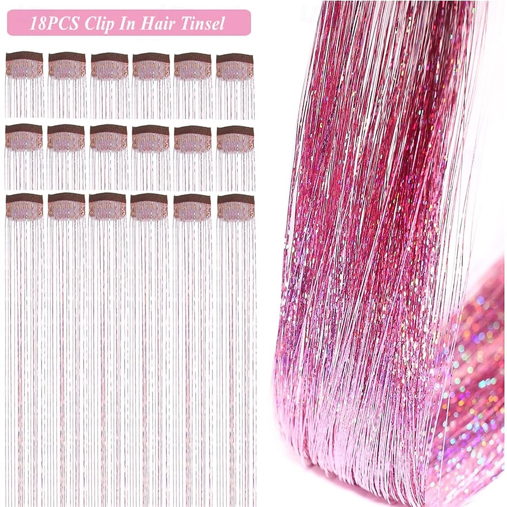 2026年 ヘアティンセルキット 18個パック ヘアティンセル クリップイン 19.6インチ グリッターティンセル ヘアエクステンション 耐熱クリップイン ヘアティンセル スパークル フェアリー ヘアアクセサリー 子供 女の子 女性用  コレクション – $19.49 –P5