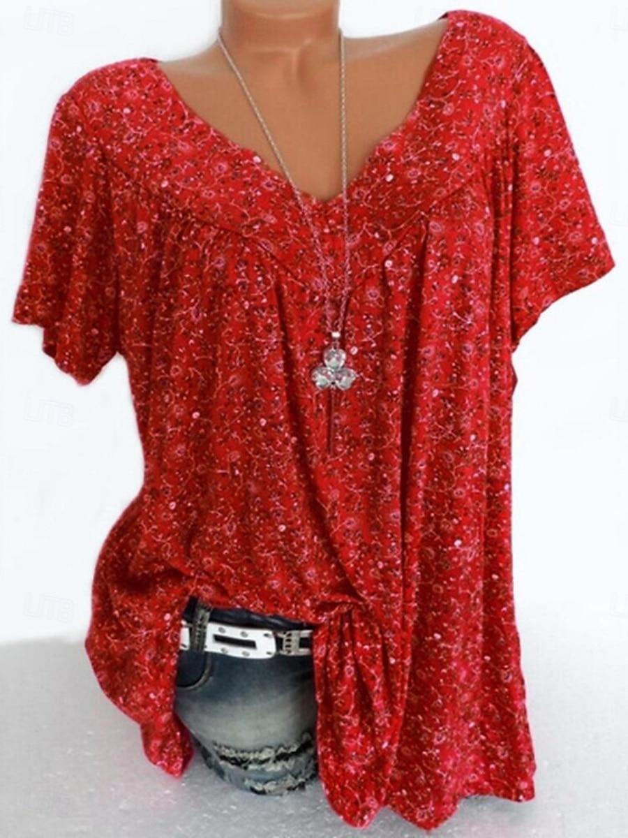 Femmes T-shirt Fleuri Mode Moderne Occasionnel Manche Courte Col en V Hauts Réguliers Quotidien Week-end Rose Claire Rouge Bleu Vert Été de 2025 ? $19.99 –P3