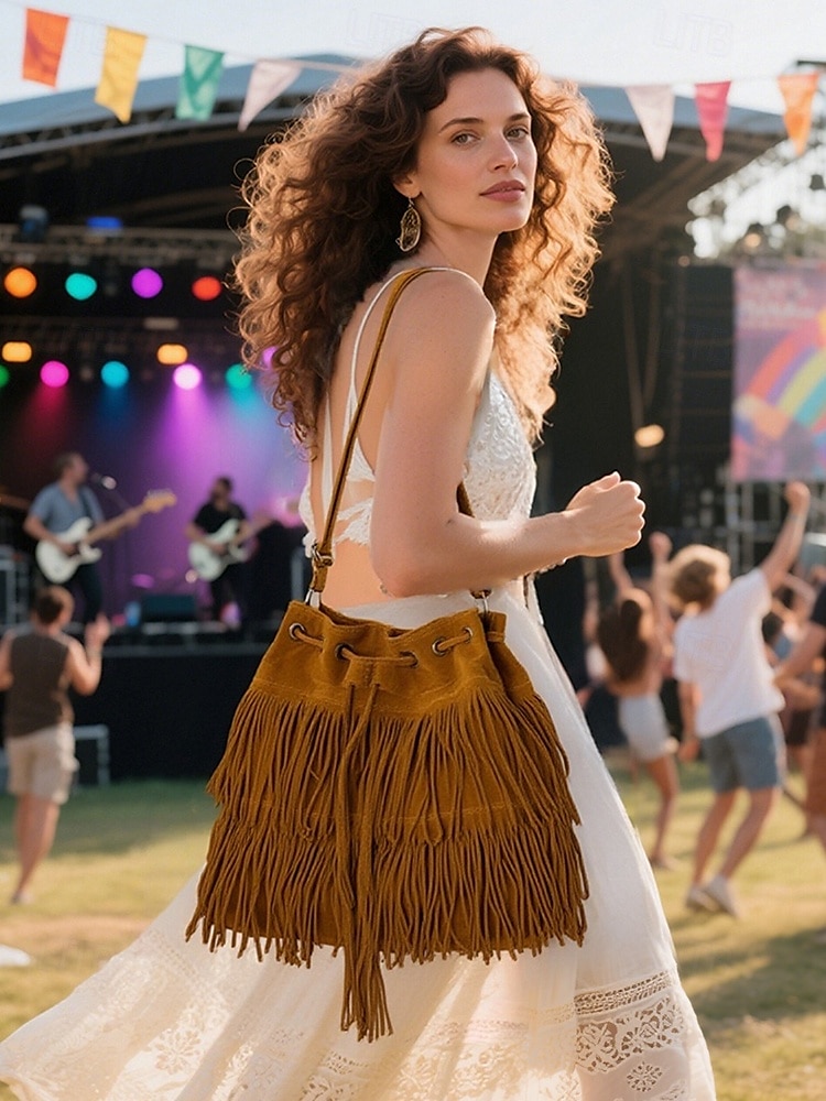 damska torebka typu wiaderko ze sztucznego zamszu z frędzlami – boho torebka typu crossbody ze ściągaczem na niezobowiązujące wyjścia, festiwale i codzienne noszenie 2025 - $18.99 –P1