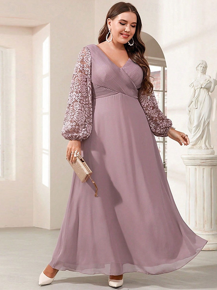 A-Linie Abendkleid Elegantes Kleid Formelle Hochzeit Bodenlänge Langarm V-Ausschnitt Chiffon mit Blumenmuster 2025 - $109.99 –P3