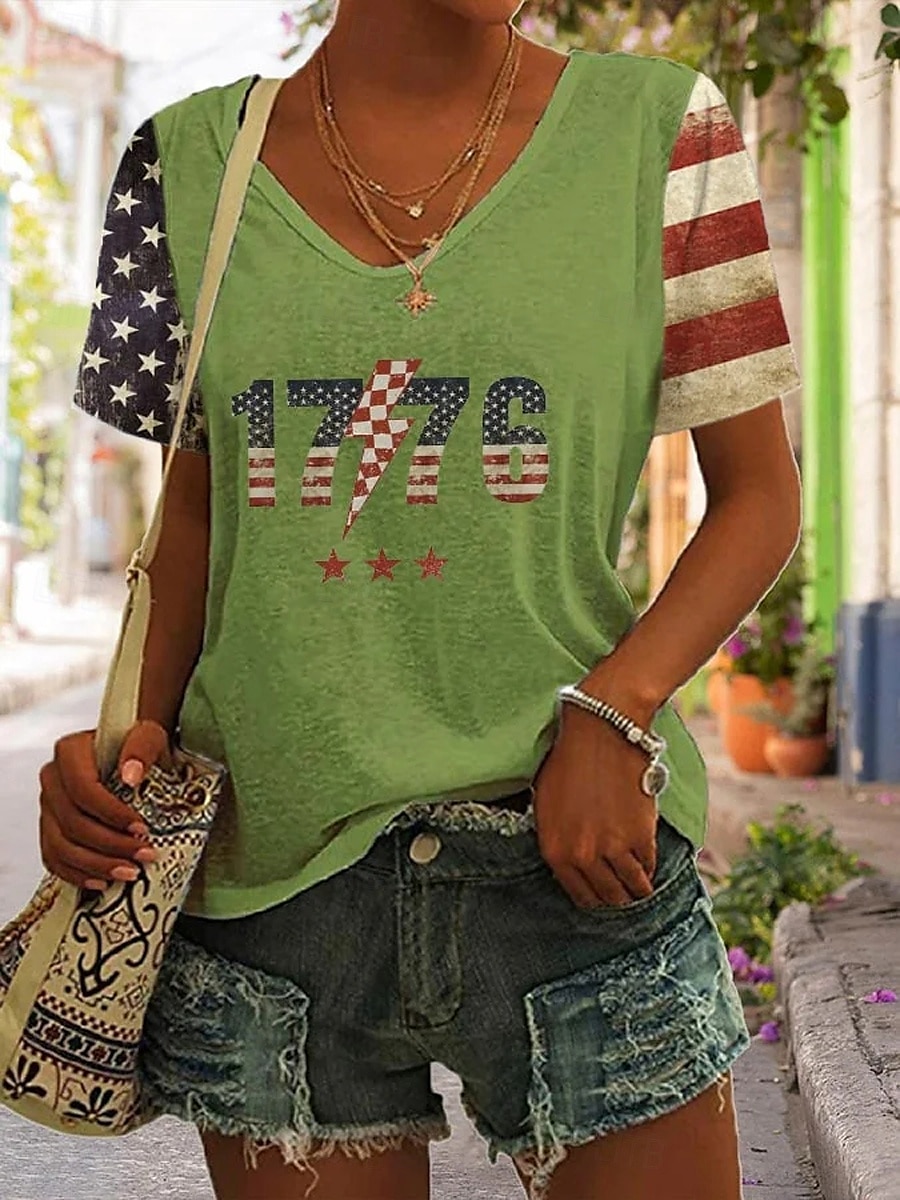 Women's Patriotic  T Shirt Graphic Flag Stylish Casual Short Sleeve V Neck Regular Tops Daily Print Black White Blue Green Summer 2025 - $19.99 –P4