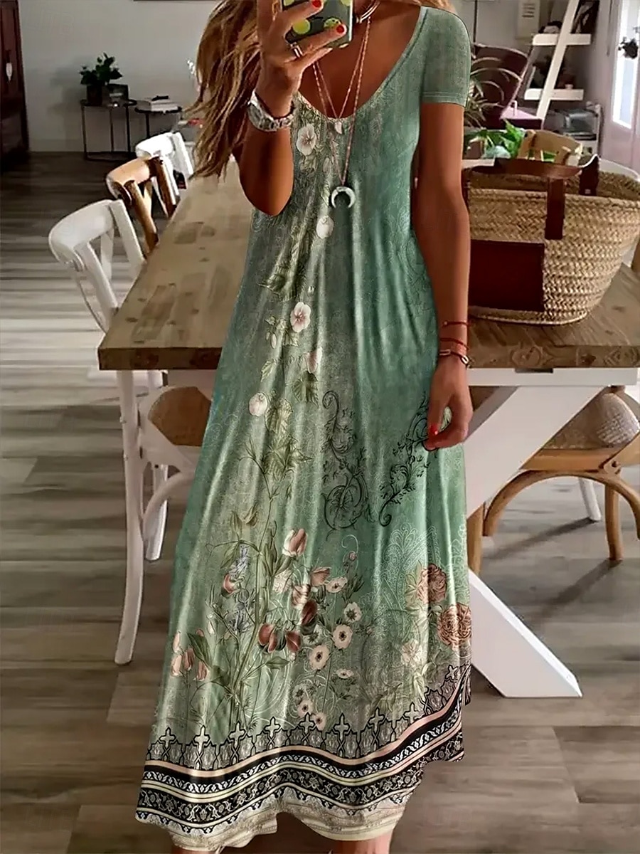 Damskie Sukienka maxi Codzienne sukienki Sukienka A line Letnie sukienki Elegancja Urlop Zabytkowe Regularny Kwiaty Graficzny W Tureckie Wzory Krótki rękaw Dekolt w kształcie litery U Jasnozielony 2025 - $30.99 –P4