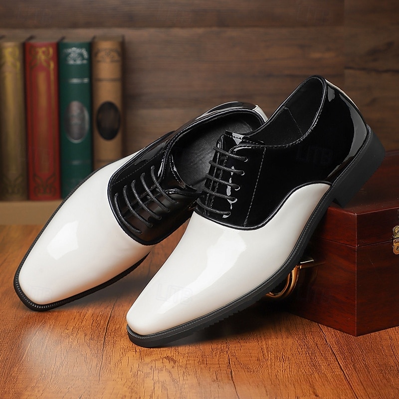scarpe oxford da uomo in vernice bianca e nera – classiche scarpe formali con lacci per matrimoni, serate di gala ed eventi serali del 2025 a $42.99 –P2