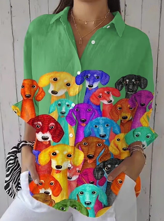 Γυναικεία Μπλουζάκι Κουμπί Κάτω Τουνίκ Shirt Γιακάς Μακρύ Μανίκι Ombre Σκύλος Ενεργό Γλυκό Καθημερινά Κανονικά Μπλουζάκια Εργασίας Εκτύπωση Μαύρο Άσπρο Ροζ Μπλε Πράσινο Άνοιξη Φθινόπωρο 2025 - $32.99 –P4