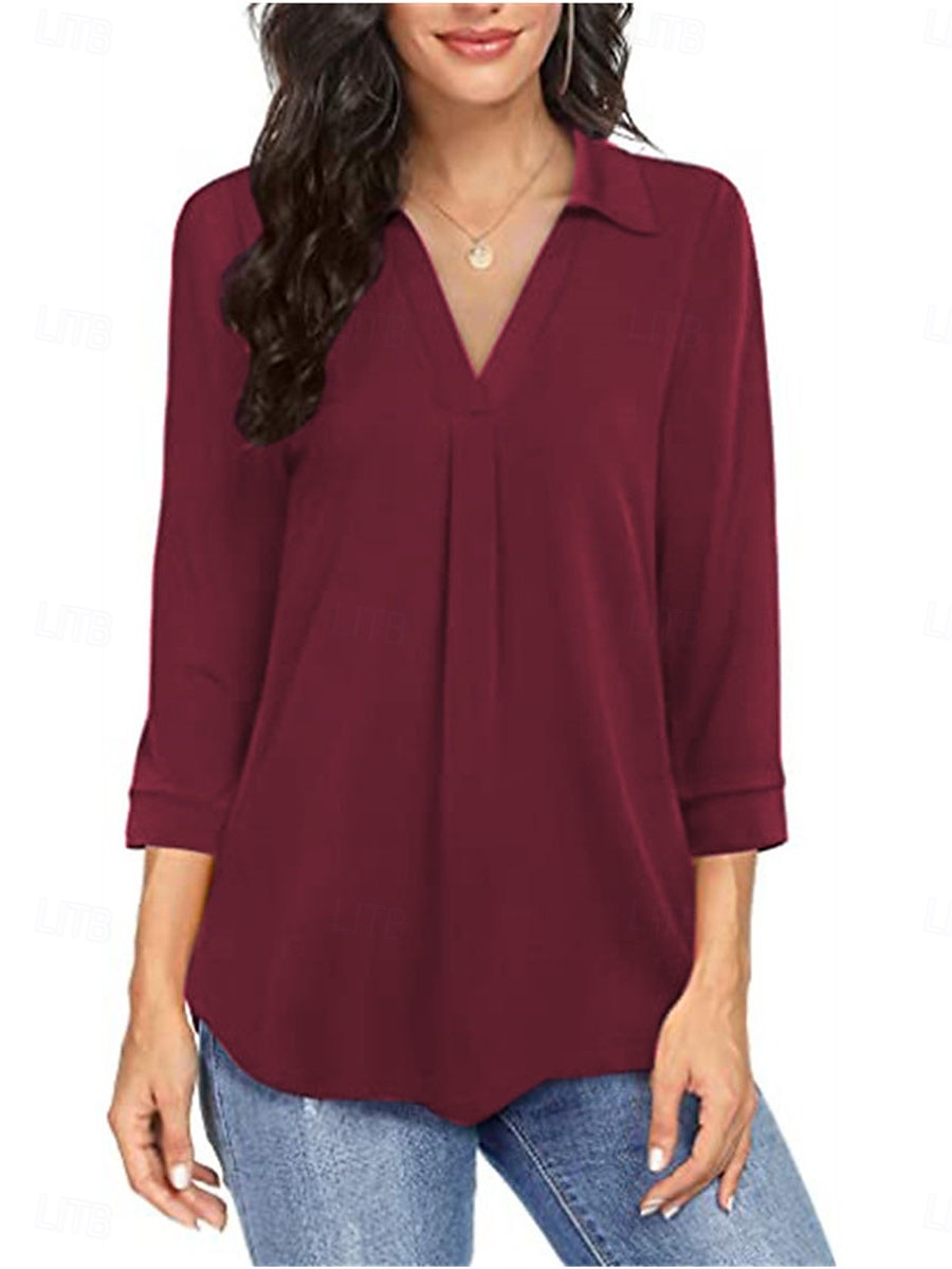 Damen Hemd Einfarbig Elegant Stilvoll Basic Dreiviertelarm V Ausschnitt Normale Oberteile Täglich Schwarz Wein Blau Grün Frühling Herbst 2025 - $17.99 –P1