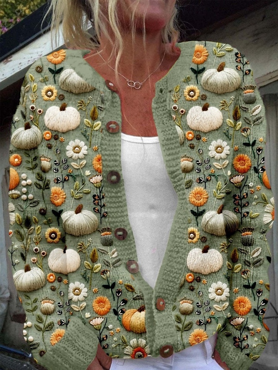 Women's Sweater Cardigan Elegant Vintage Fashion Floral Crew Neck Pocket Knitted Print Long Sleeve Regular Tops Knit Outdoor Daily Weekend Purple Green Fall Winter 2025 - $13.49 –P4