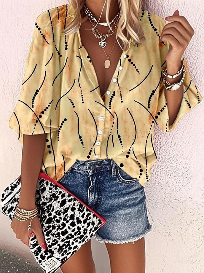 Damen Bluse Grafik Geometrisch Elegant Täglich Stilvoll Dreiviertelarm Hoher Ausschnitt Normale Oberteile Knöpfe Druck Weiß Gelb Rosa Blau Sommer Frühling 2025 - $34.99 –P3