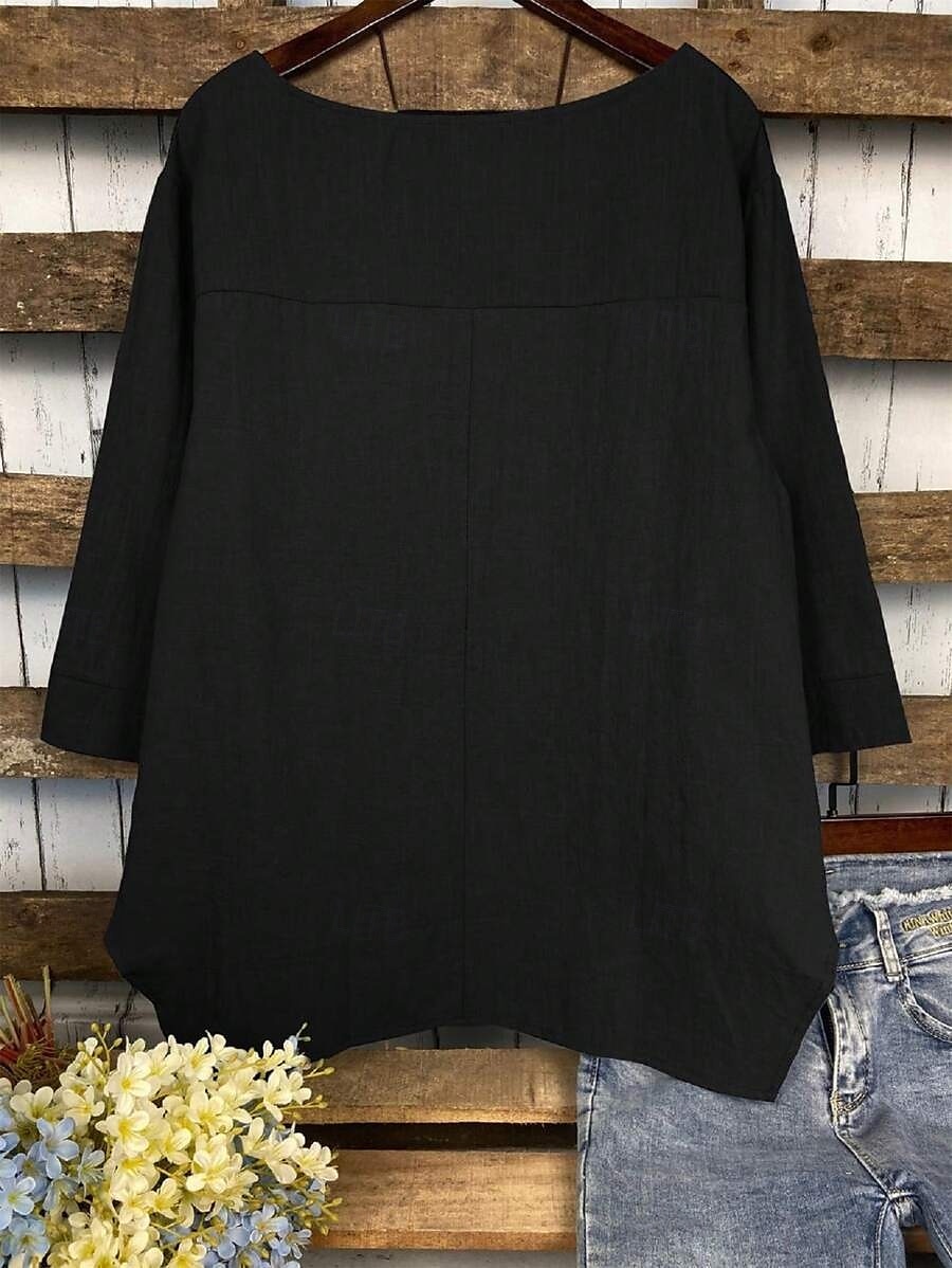 Women's Cotton Linen Blouse Solid Color Elegant Casual 3/4 Length Sleeve Crew Neck Boat Neck Regular Tops Daily Holiday Black White Navy Blue Green Summer Fall 2025 - $31.99 –P8