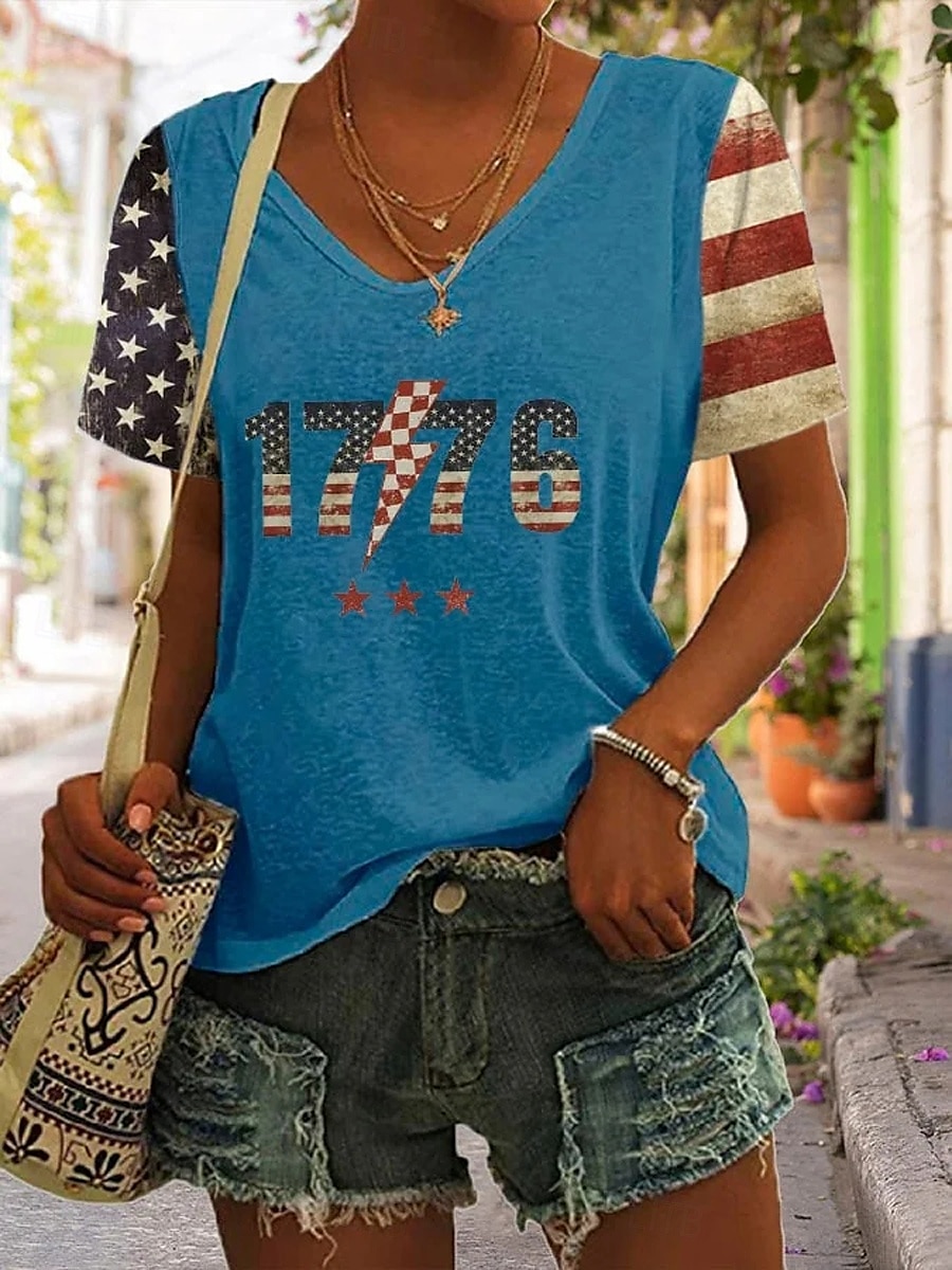 Women's Patriotic  T Shirt Graphic Flag Stylish Casual Short Sleeve V Neck Regular Tops Daily Print Black White Blue Green Summer 2025 - $19.99 –P3