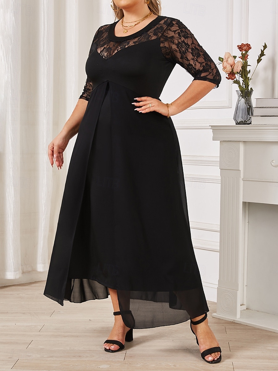 Damen Übergröße schwarzes kleid Einfarbig Rundhalsausschnitt Halbarm Sommer Frühling Elegant Midikleid Party Kleid 2025 - $44.99 –P6