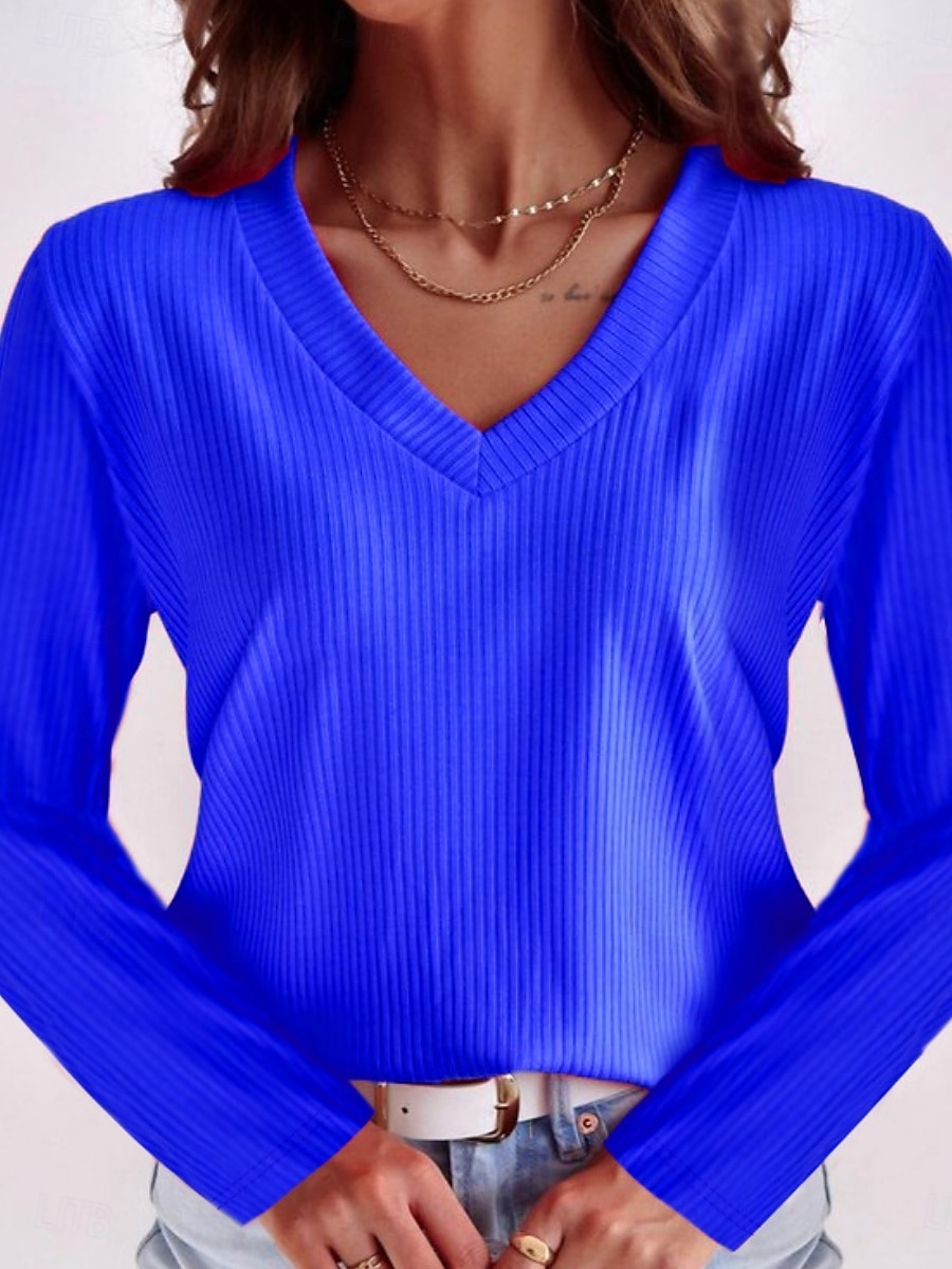 Dames Blouse Effen Kleur Basic Casual Lange mouw V-hals Normale tops Dagelijks blauw Fuchsia Licht Blauw Zomer Lente 2025 - $18.99 –P2