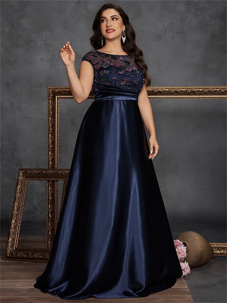 Robe A-Line grande taille élégante robe courbée formelle de mariage longueur de sol sans manches col rond satin avec plis de 2025 ? $125.99 –P5
