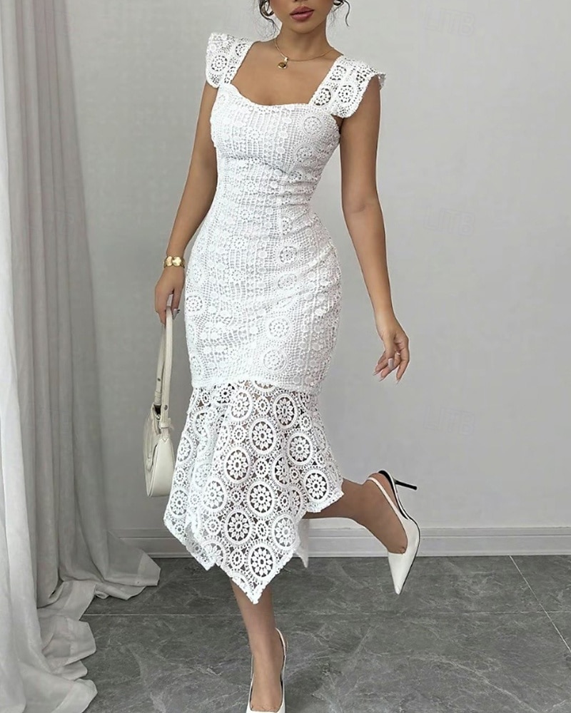 Per donna Abito Midi Abito Bianco Abito in Pizzo Moda Moderno All'aperto Vacanza Ferie Vestibilità regolare Semplice Senza Maniche Scollo a V Bianco Estate del 2025 a $31.99 –P7