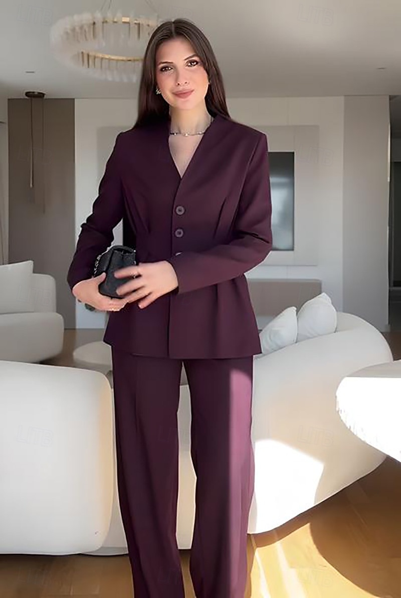 Macacão  Conjunto de Calças 2 Peças Conjunto de Mãe da Noiva Conjunto de Calças com Blazer Sem Gola Elegante Vintage Simples Mangas Longas Comprimento do Chão Calças com Detalhes de Pregas de 2025 por $169.99 –P5