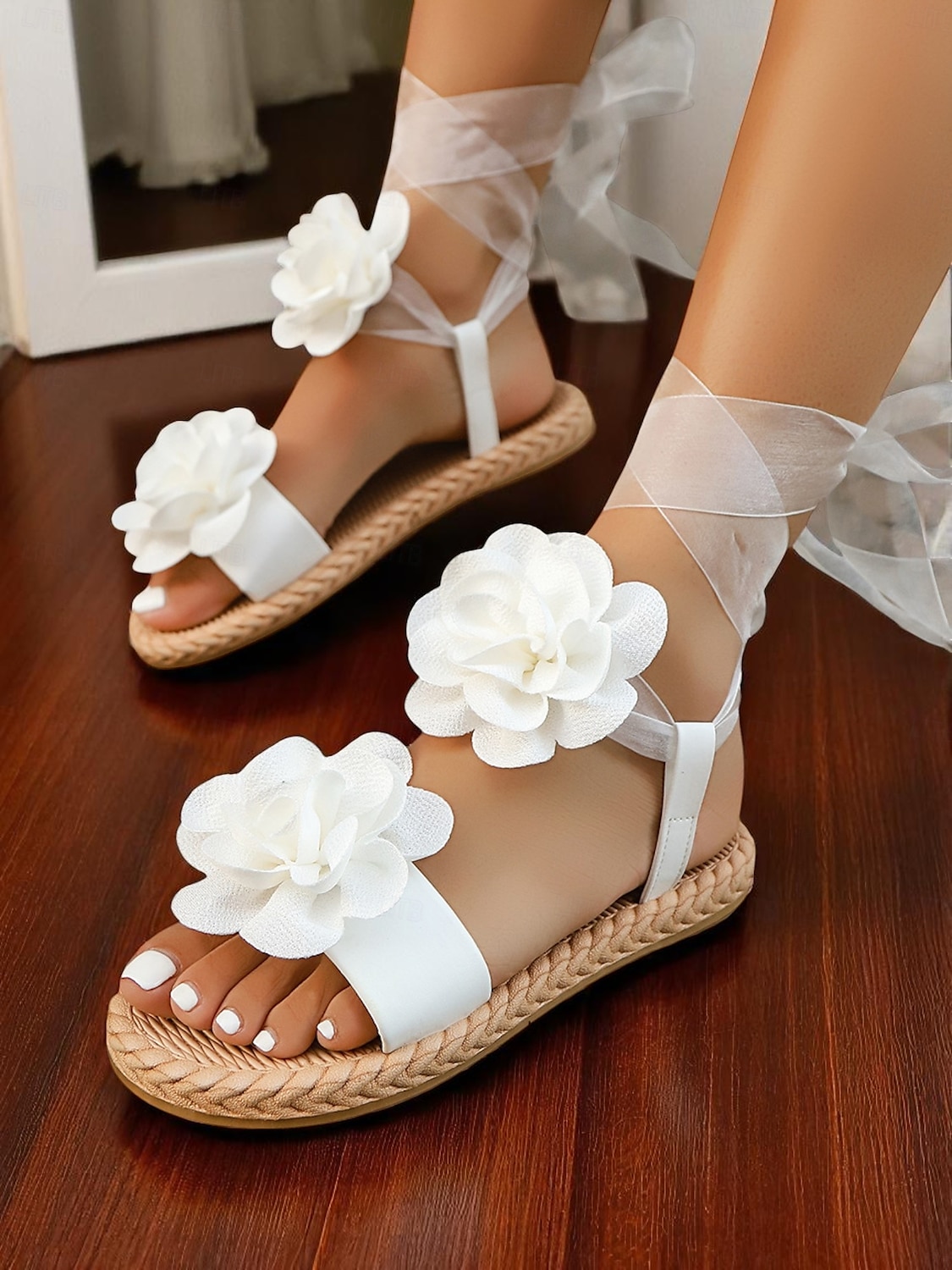 Women's White Flower Lace-Up Flat Sandals, Casual Wedding Style, Beach Bride Shoes with Ribbon Straps and Floral Details 2025 - $24.99 –P2
