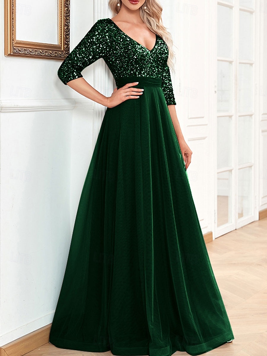 Vestido de Gala em A Vestido Elegante Formal Casamento Comprimento do Chão Manga 3/4 Decote em V Com Lantejoulas com Lantejoulas de 2025 por $119.99 –P10