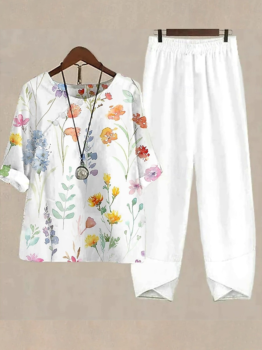 Femmes Basique Chemise Ensembles de Pantalons Demi Manches Col rond A Ombre Fleuri Graphique Imprimé Fête Décontracté Quotidien Week-end Blanche Jaune Bleu clair Été Coupe régulière de 2025 ? $44.99 –P3