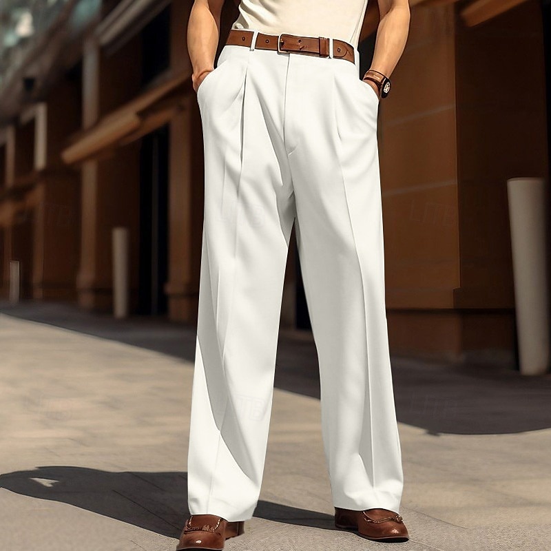 Voor heren Pakken Broek Wijde broek Vrijetijdsbroek Geplooide broek Breed Been Voorvak Recht been Effen Comfort Ademend Bruiloft liiketoiminta Strand Modieus Basic Ruim Passend Zwart Wit 2025 - $28.99 –P8