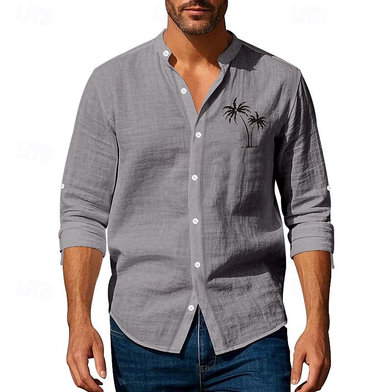 Herren Hemd Leinenhemd Freizeithemd Knopfhemd Baumwollhemd Kokospalme Urlaub Hawaiianisch Schwarz Weiß Khaki Grau Langarm Stehkragen Sommer Frühling Bekleidung Druck 2025 - $26.99 –P10