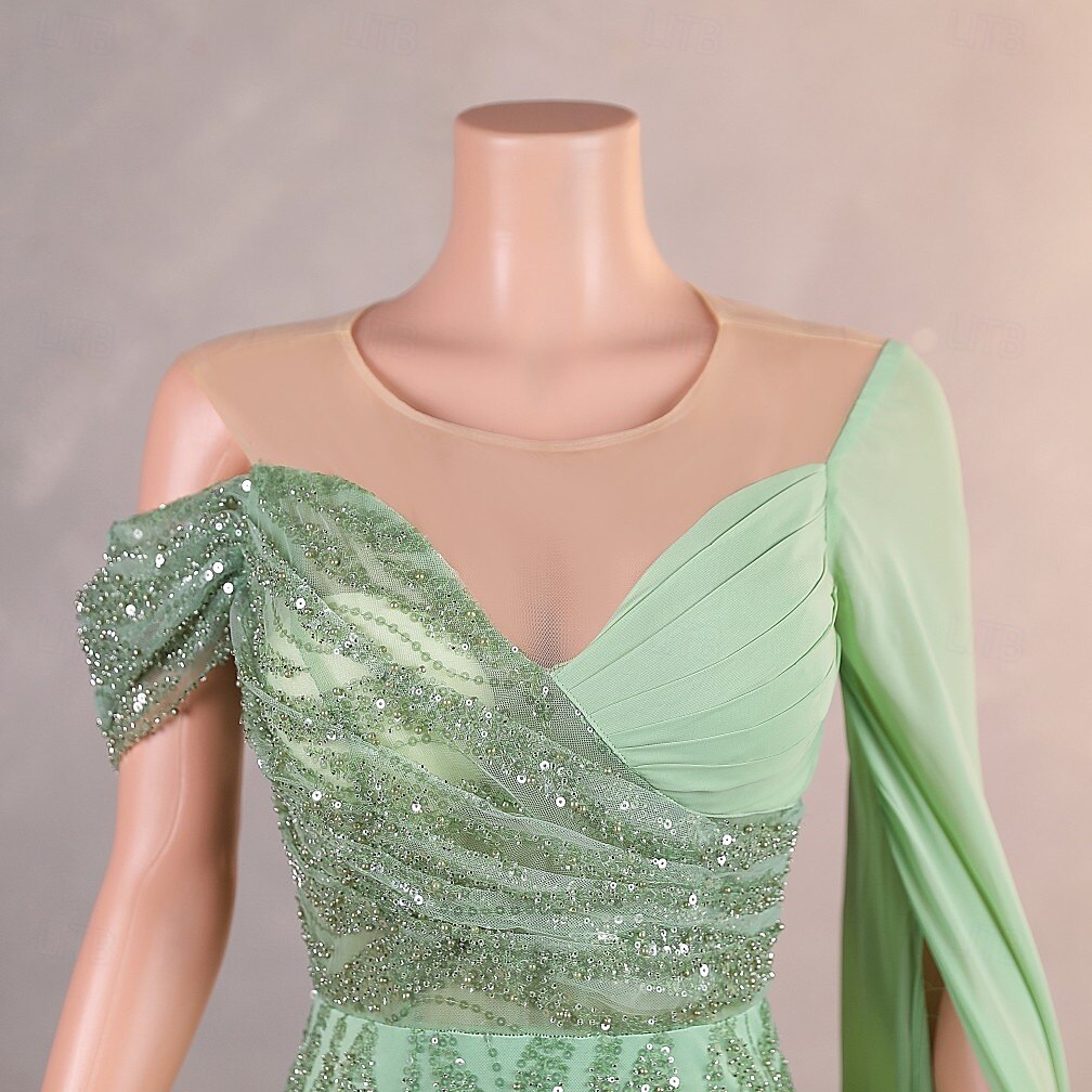 Vestido Elegante Sereia  Trompete Formal Casamento Comprimento do Chão Sem Mangas Decote Redondo Chiffon com Pérolas Lantejoula de 2025 por $355.29 –P3