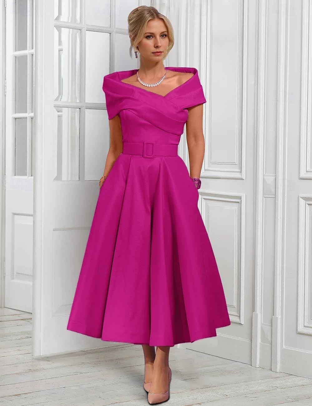 A-Line Cocktail Dresses Elegant Dress Formal Wedding Tea Length Midi Length Sleeveless Adjustable Cover Buttons Off Shoulder Satin with Pleats 2025 - $128.99 –P7