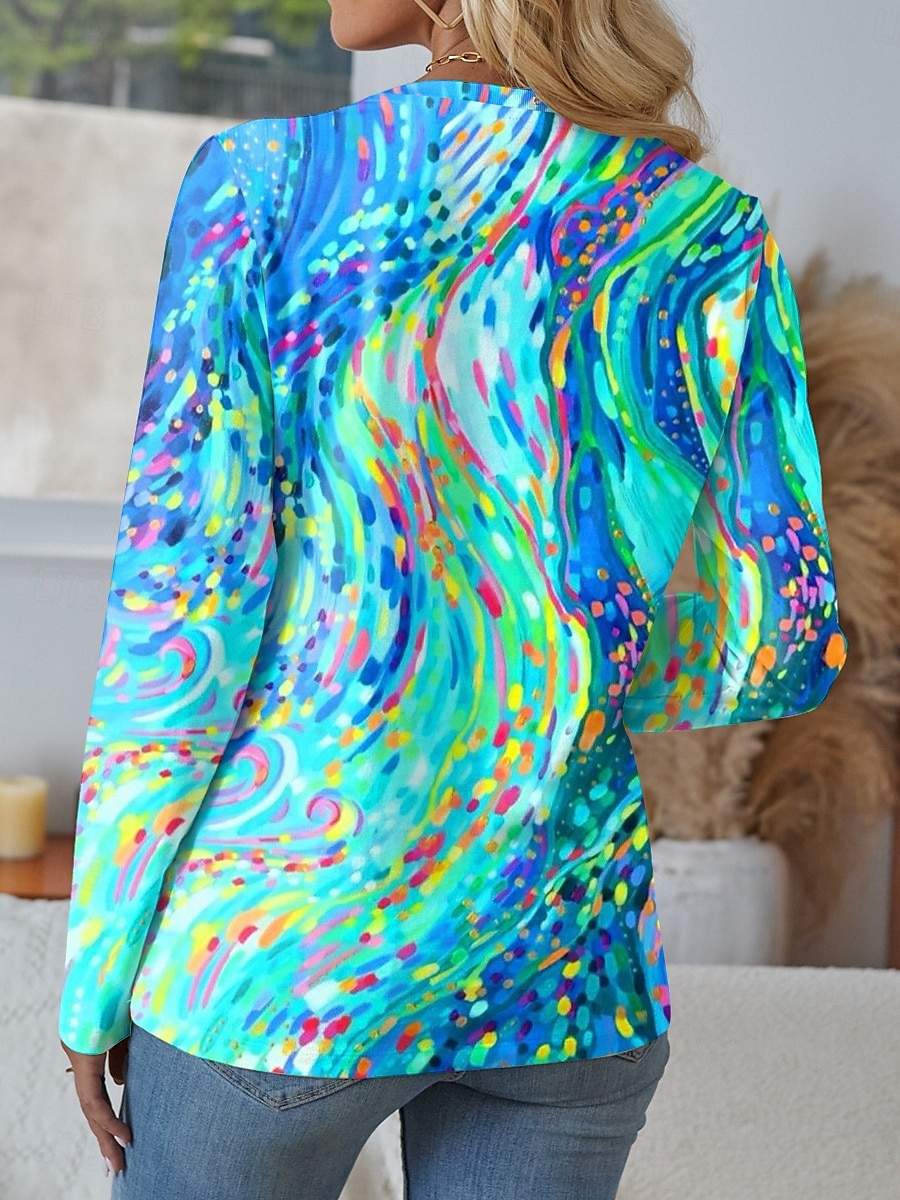 Pentru femei Tricou Grafic Geometric Abstract Stilat Modern Casual Manșon Lung În V Topuri obișnuite Zilnic Eliminat Imprimeu Roșu-aprins Albastru piscină Mov Trifoi Primăvară Toamnă 2025 - $23.99 –P2