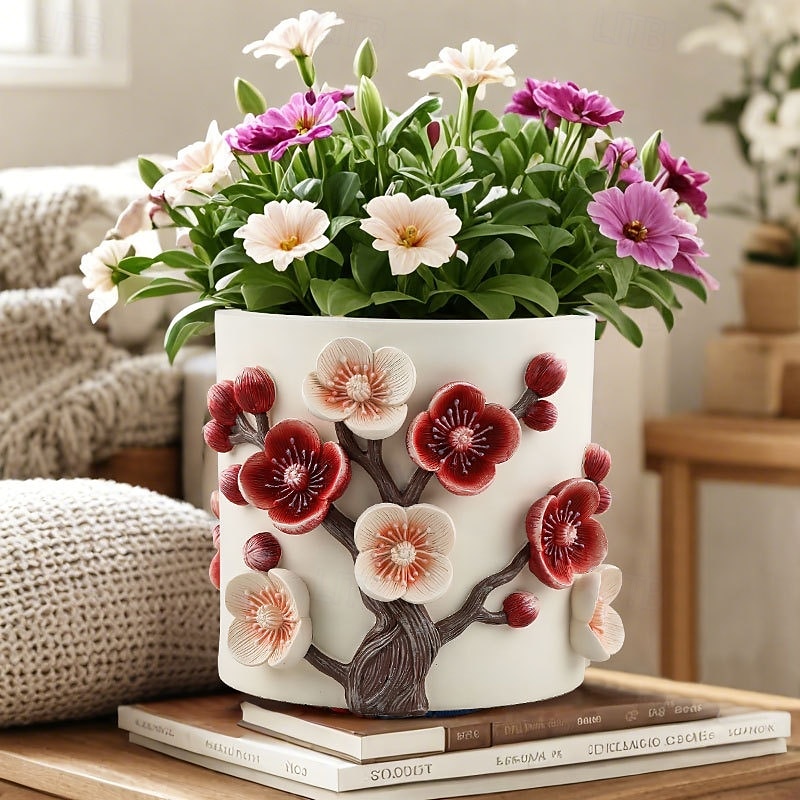 Chinese vier heren hars bloempot met pruimenbloesemreliëf, grote verdikte plantenbak, decoratieve vaas met brede mond voor binnen- en buitentuin 2025 - $41.99 –P1