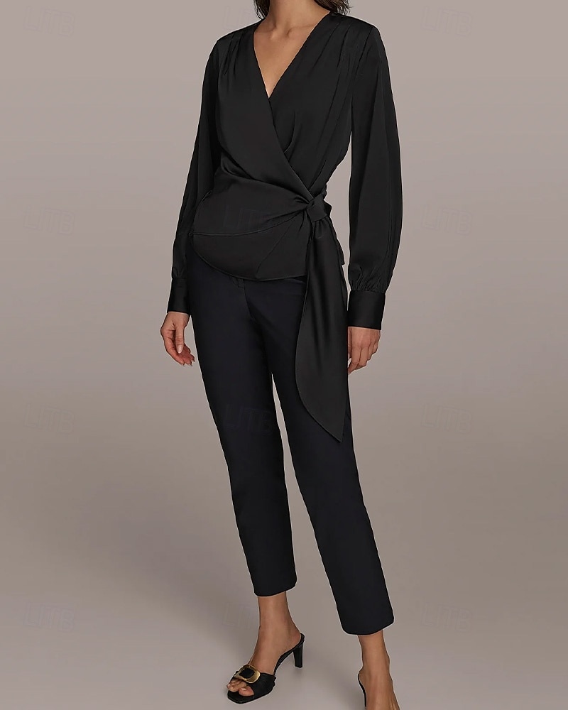 Two Piece Jumpsuit / Pantsuit Pantsuit Mother of the Bride Pantsuit Elegant Vintage Simple V Neck Ankle Length Satin Top Stretch Crepe Pants V Long Sleeve with Bow(s) Ruched 2025 - $130.99 –P1