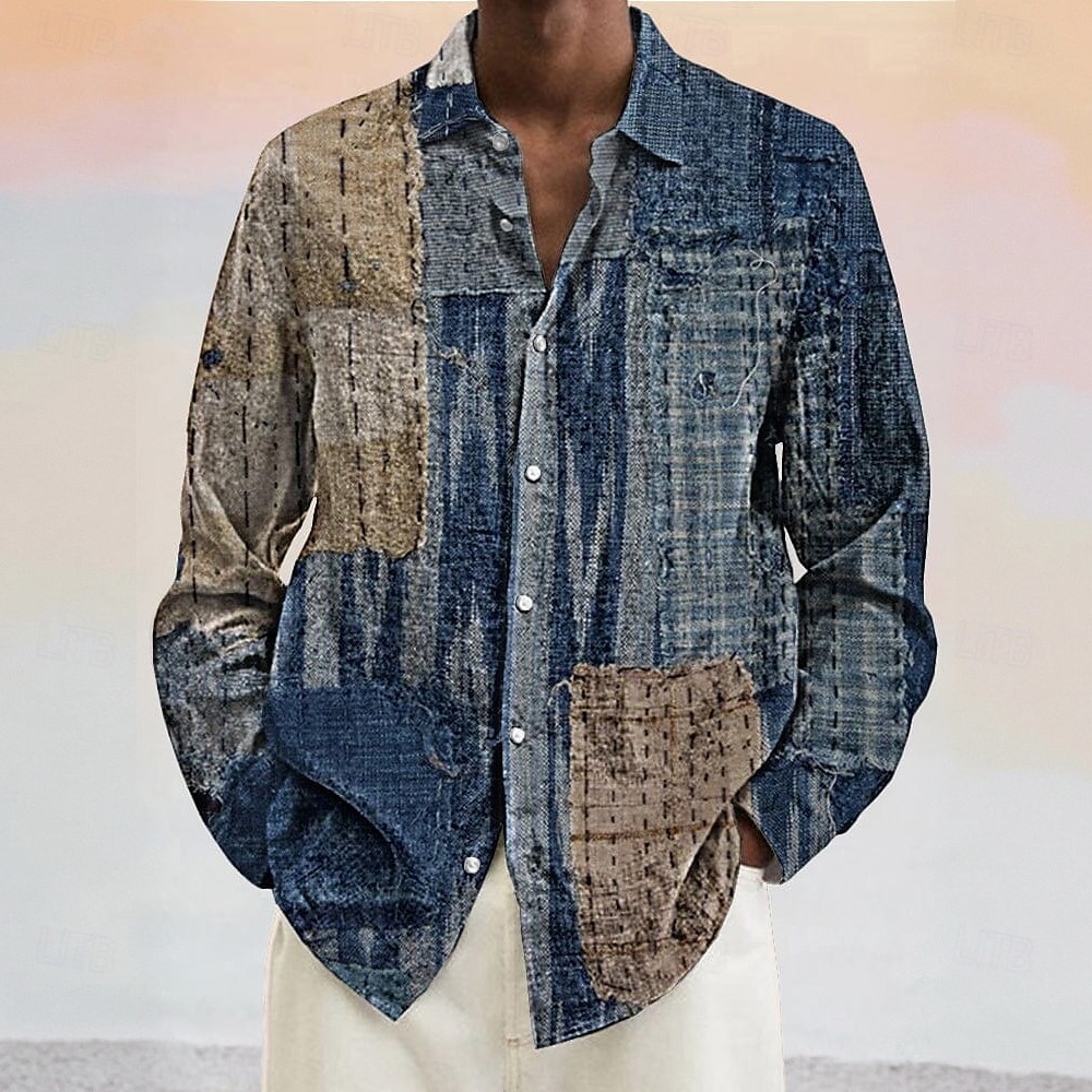 Herren Geometrisch Farbblock Denim-ähnlich Hemd Knopfhemd Langarm Modisch lässig Urlaub Täglich Frühling Herbst Umlegekragen 3D-Druck Leinenähnliches Hemd Blau+Khaki Blau Dunkelblau Hellblau 2025 - $25.99 –P2