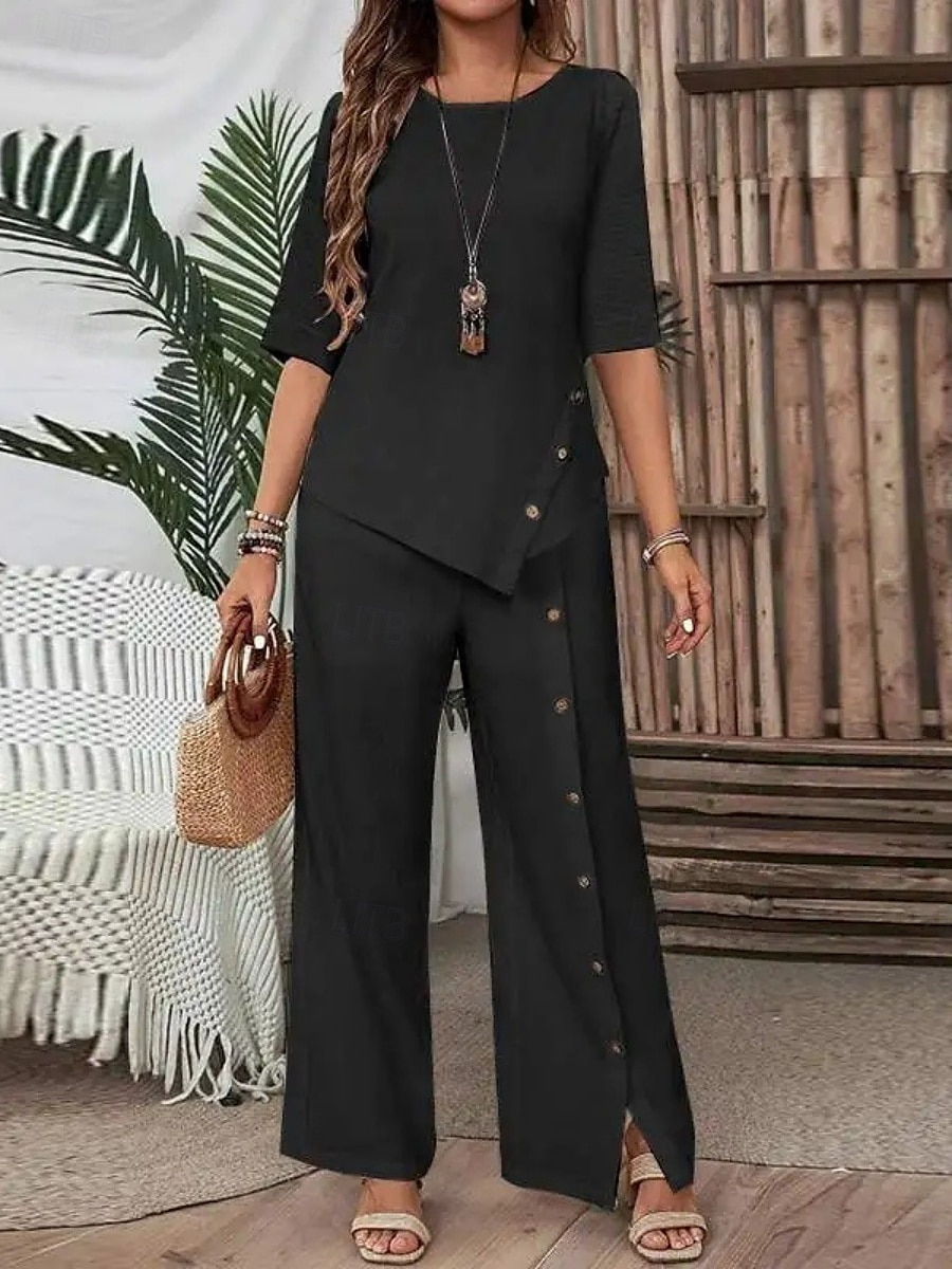 Femmes Élégant Mode Streetwear Ensembles de Pantalons Demi Manches Col rond Couleur Unie Patchwork Occasionnel Quotidien Noir Blanche Vert Été Coupe régulière de 2025 ? GBP £33.99 –P3