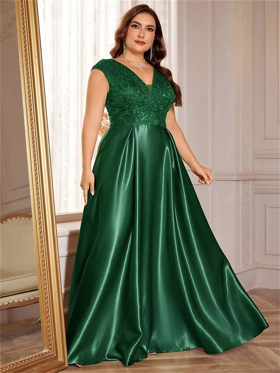 Robe A-Line Grande Taille Élégante Robe Courbe De Mariage Formelle Longue Au Sol Manches Courtes Col en V Satin Dos Nu Avec Plis 2025 de 2025 ? $119.99 –P31