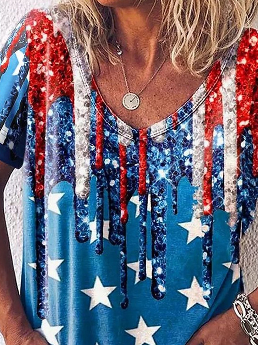 Tricou patriotic pentru femei grafic cu steag elegant casual cu mânecă scurtă cu decolteu în V tops regulate pentru zi cu zi imprimeu albastru regal albastru fucsia verde vară primăvară 2025 - $19.99 –P2