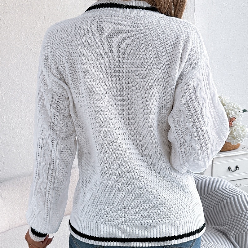 Damen Pullover Lässig Farbblock Gerippt V Ausschnitt Patchwork Gestrickt Langarm Normale Oberteile Stricken Täglich Ferien Ausgehen Weiß Blau Herbst 2025 - $24.99 –P7